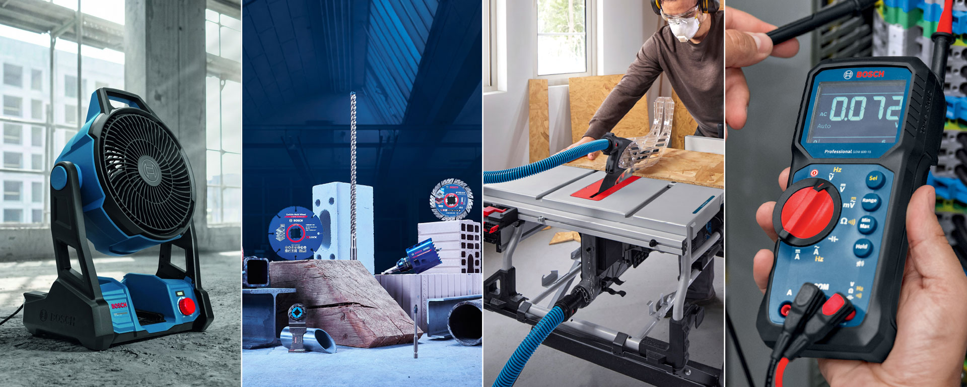 A blue Bosch Professional fan stands on a concrete floor, next to tools and materials. A craftsman is sawing wood with a table saw and measuring with a multimeter.