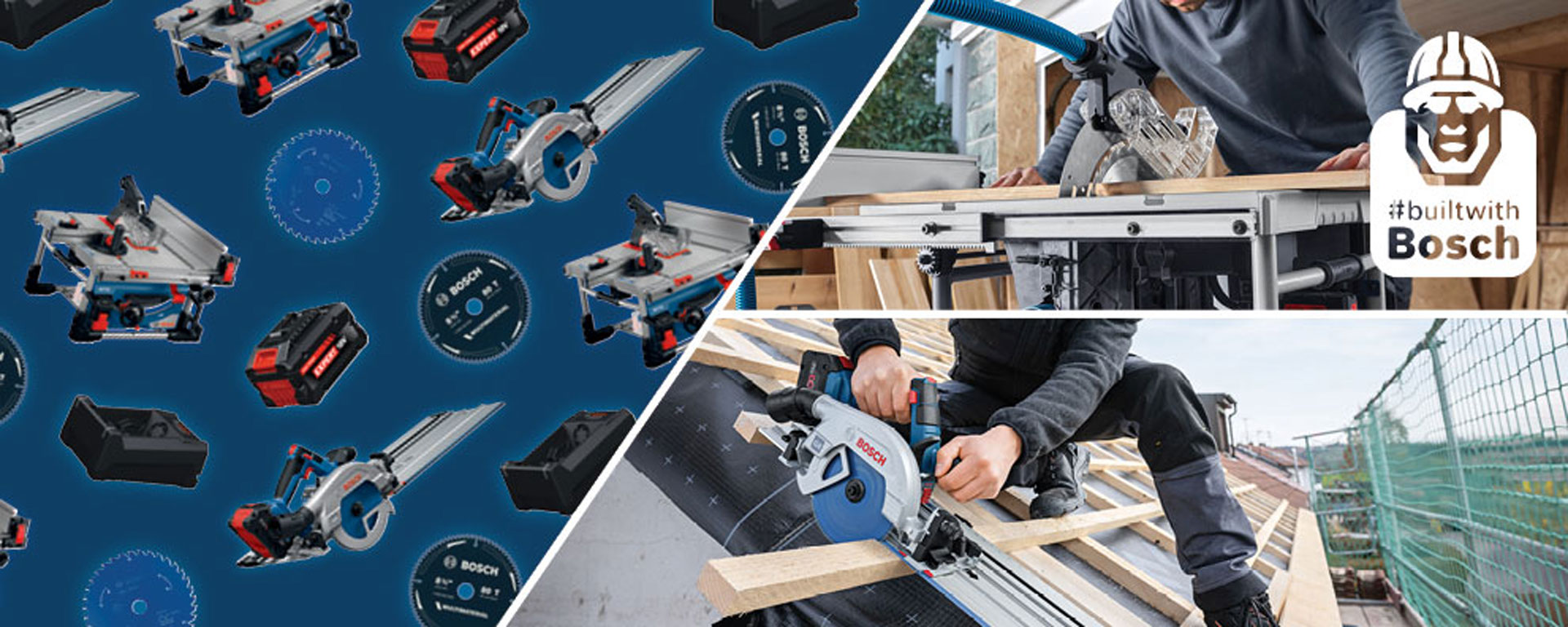 A product image of Bosch Professional tools featuring saws, batteries, and a craftsman using a circular saw.