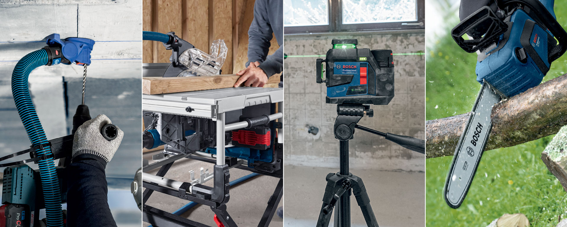 A Bosch Professional tool set shows a battery nailer, a circular saw, and a laser on a table.