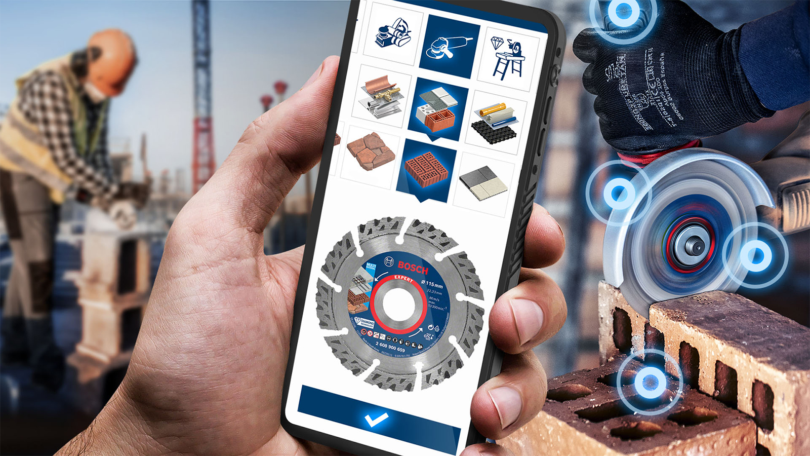A hand holds a smartphone with Bosch tool icons.