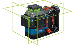 A Bosch Professional line laser is standing on a workbench.