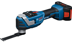 A blue Bosch Professional battery multifunction tool on a white background.