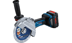 A Bosch Professional cordless circular saw in blue color with a metal blade.