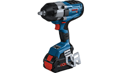 Blue Bosch Professional cordless impact wrench with black head on white background.