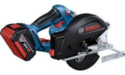 A black Bosch Professional cordless circular saw with a red battery.
