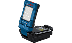 Bosch Professional battery work light in blue on a black background.