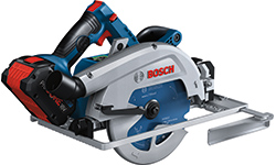 A Bosch Professional circular saw with a blue handle and a red battery.