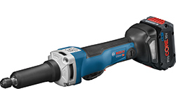 A blue Bosch Professional cordless screwdriver is lying on a white surface.