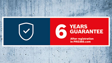 Three-year warranty conditions Banner with blue and red area, 6 years warranty after registration.