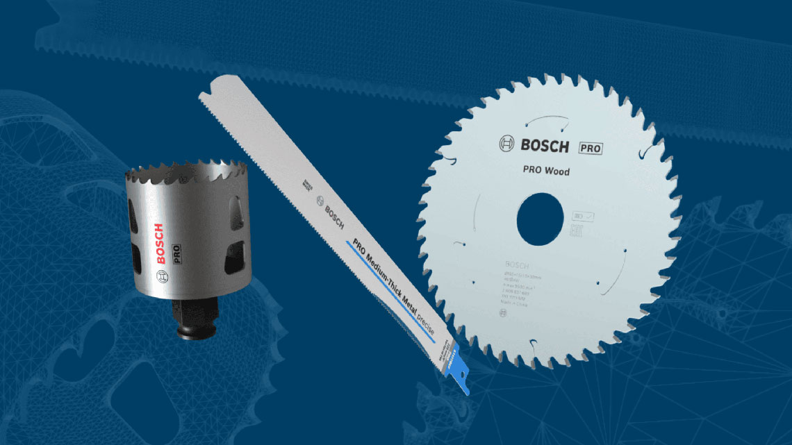 Three Bosch Professional saw blades arranged on a blue background.