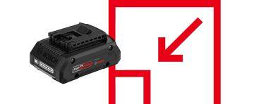Black Bosch Professional battery next to red assembly symbol.