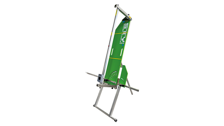A green Bosch Professional power tool stands on a silver frame.