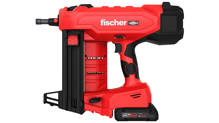 A red fisher battery nailer stands on a white background.