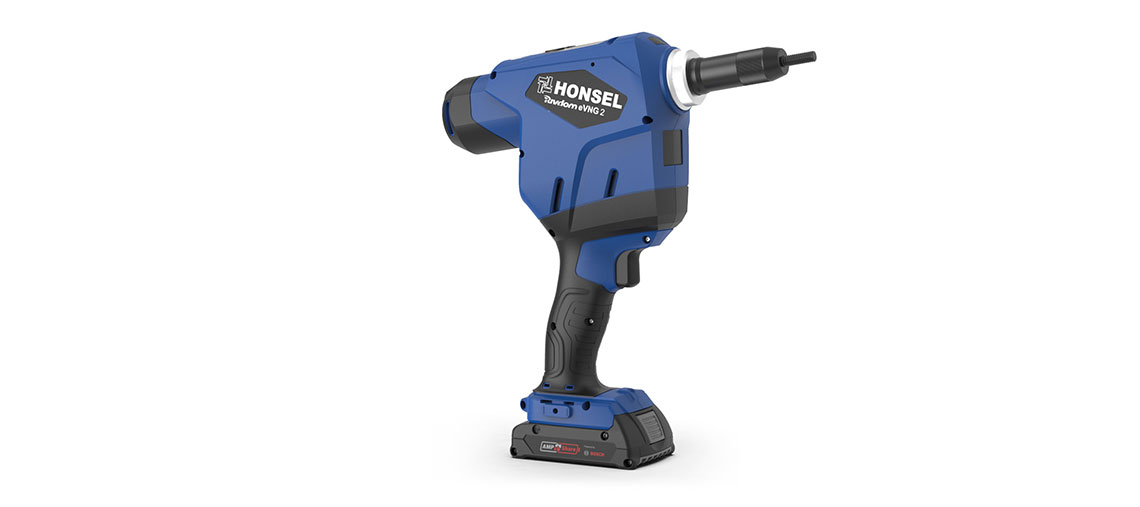 Blue Honsel cordless screwdriver stands on a white background.
