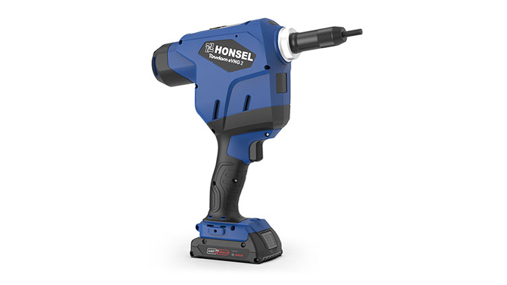 Blue HONSEL cordless screwdriver with black handle and battery compartment.