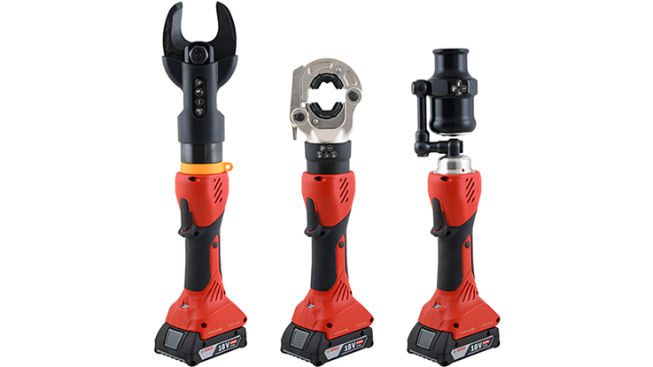 Three electric hand tools with red handles and black elements on a white background.