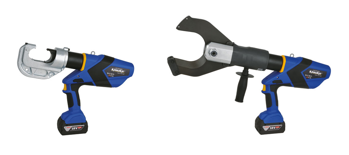 A blue battery tool from Klauke with a large pliers and handle.