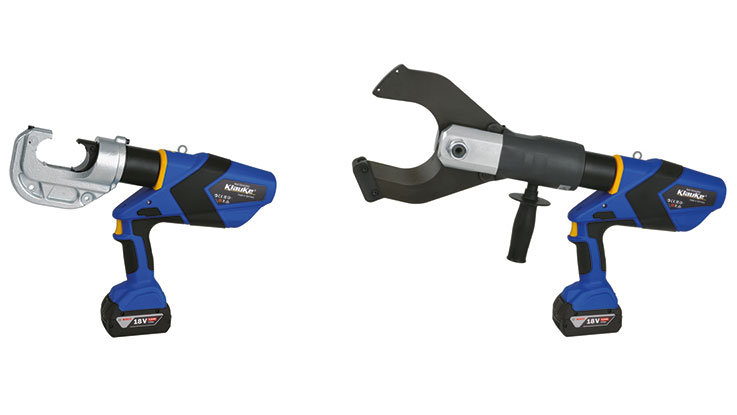 Two blue Bosch Professional battery tools are standing next to each other.
