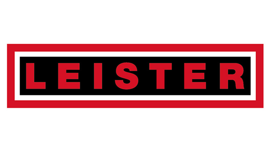 Leister logo in red and black, rectangle with white border.