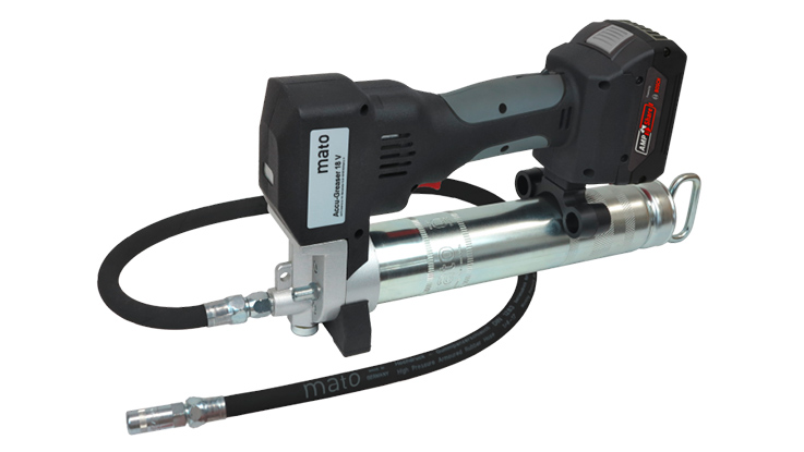 A black wireless Mato tool with a metal cylinder and hose.