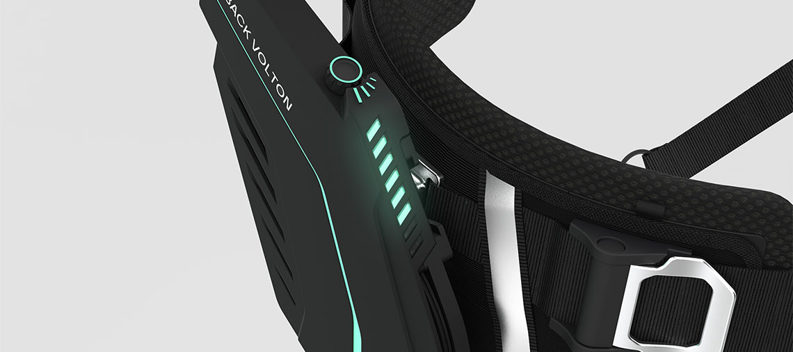 Black Bosch Professional battery backpack with green lights.