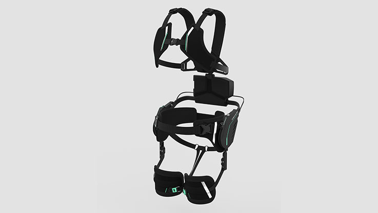 Black Bosch Professional exoskeleton aid on gray background.