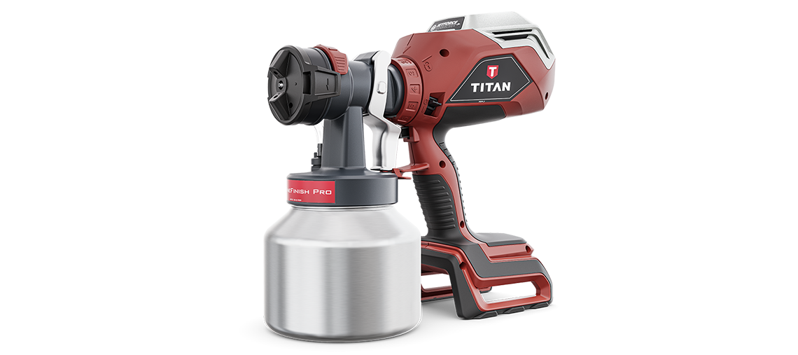A red Titan spray paint device with a silver container on a white background.