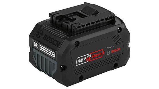 Black Bosch Professional battery with AMPShare logo on a white background.