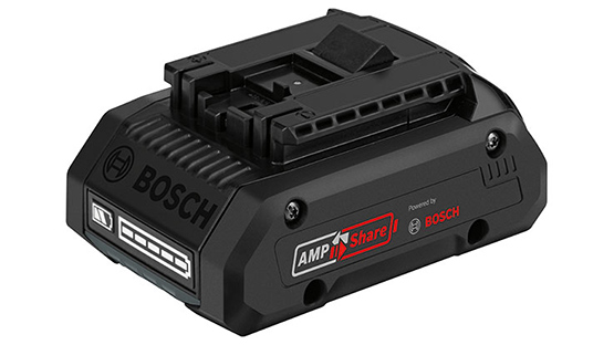 Black Bosch Professional battery with AMPShare technology, compact.