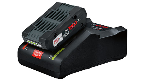Black Bosch Professional battery charger with battery, green LEDs visible.