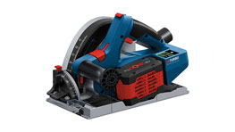 A blue Bosch Professional circular saw on a gray background.