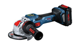 A blue Bosch Professional cordless angle grinder lies on a white background.