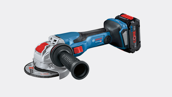 A blue Bosch Professional battery angle grinder with a black handle.