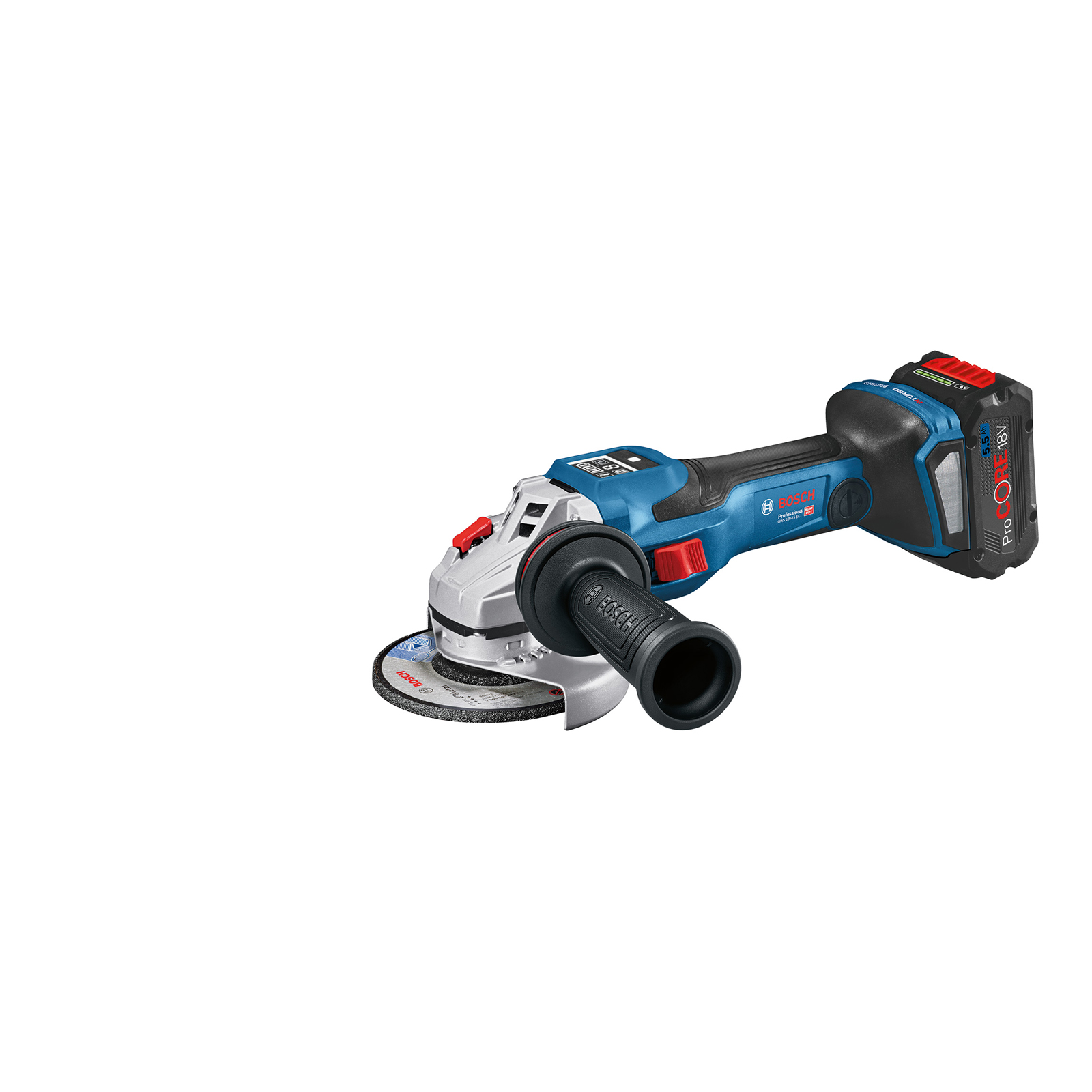 Blue Bosch Professional cordless angle grinder with silver housing.
