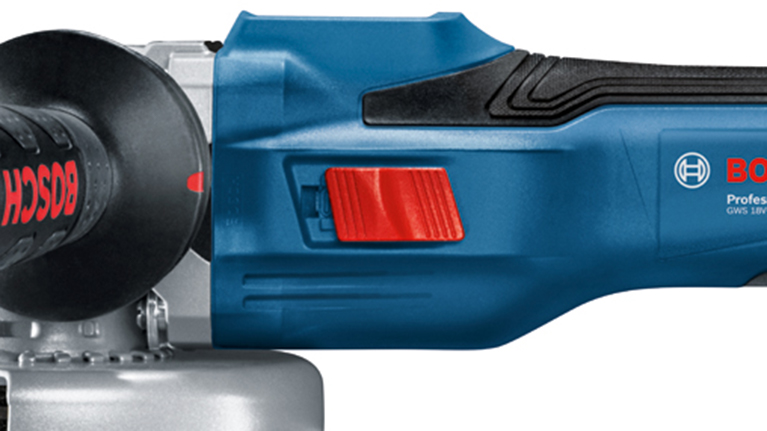 A blue Bosch Professional angle grinder with a red switch.
