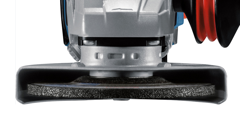A Bosch Professional grinding machine with a black grinding disc, captured from the front.