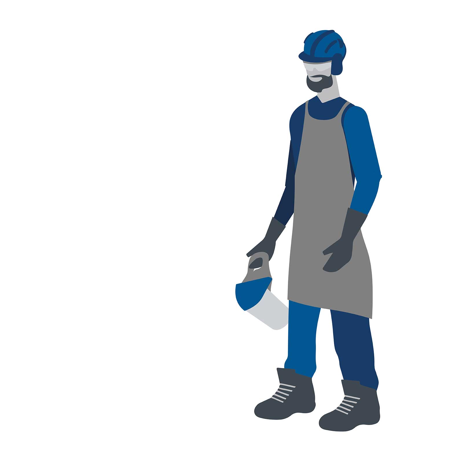 A man in blue work clothes is holding a toolbox.