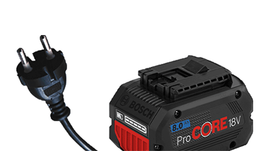 Black Bosch ProCORE 18V battery with plug, robust design.