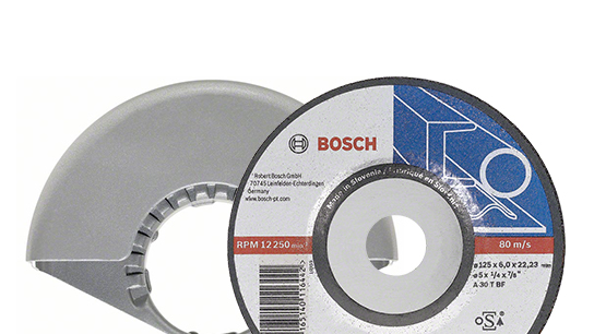 Gray Bosch Professional cutting disc and protective cover on a white background.