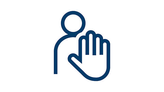 Symbol of a person with raised hand, blue on white background.