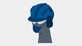 Blue helmet with goggles and mask on gray head profile.