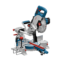 A Bosch Professional miter saw in blue and silver stands on a workbench.