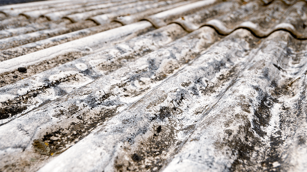 Close-up of a wavy, gray roof tile with dirt.