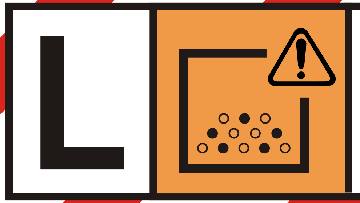 Warning symbol with an orange area and black hazard symbolism.
