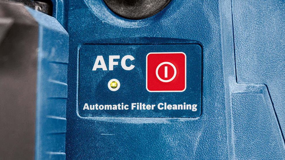 Bosch Professional device with blue surface and switches for filter cleaning.