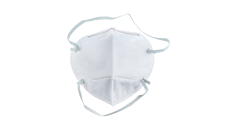 A white FFP2 mask with elastic bands on a white background.