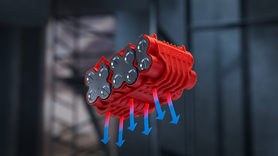Red Bosch Professional tool with six black battery cells is floating.