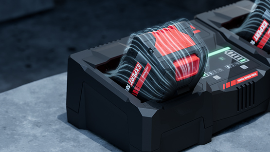 Two red Bosch Professional batteries on a black charger.