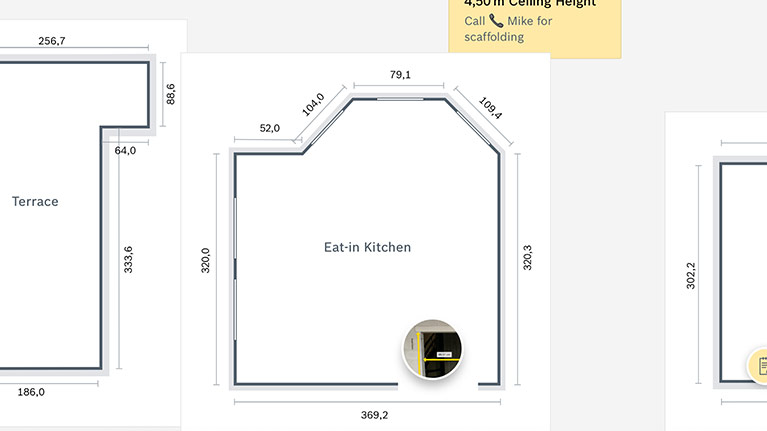 Floor plan of a house with the rooms terrace and kitchen.