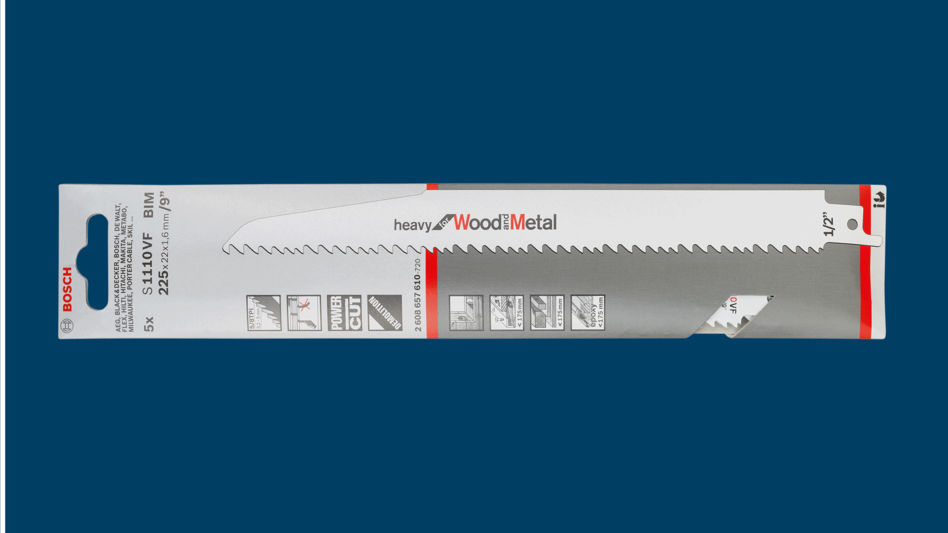 A Bosch Professional saw blade pack on a blue background.